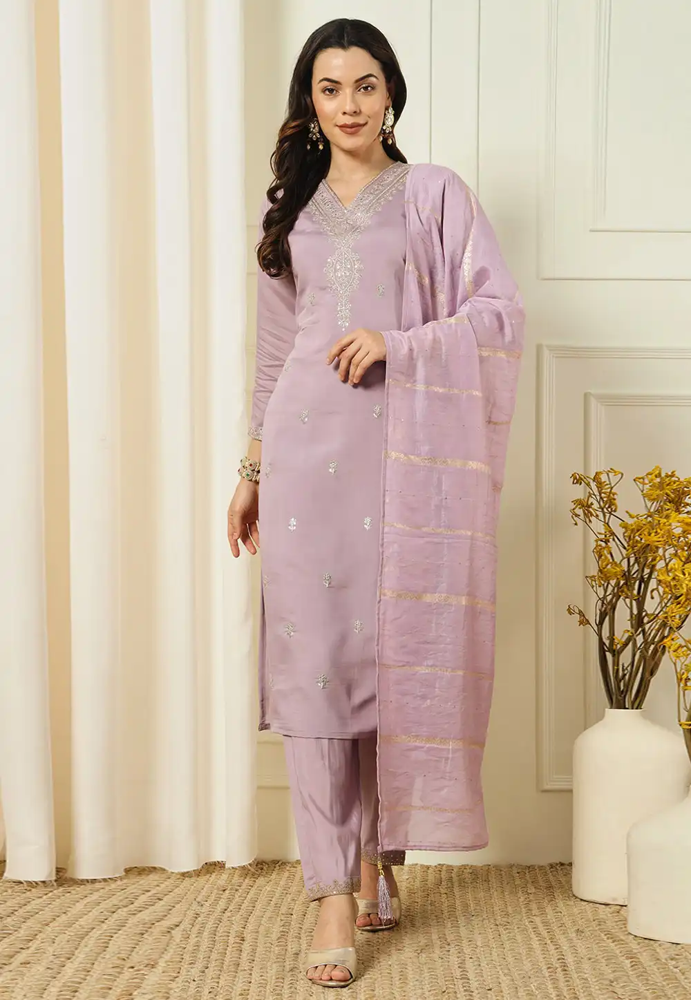 Lavender Silk Readymade Pakistani Suit 290553