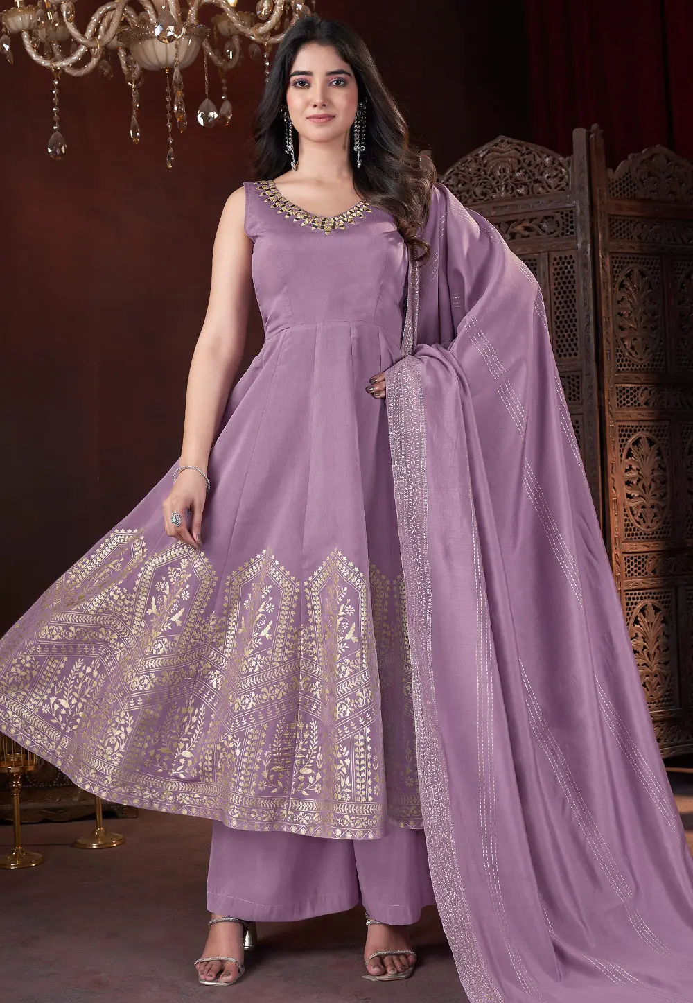 Lavender Silk Readymade Palazzo Suit 304442