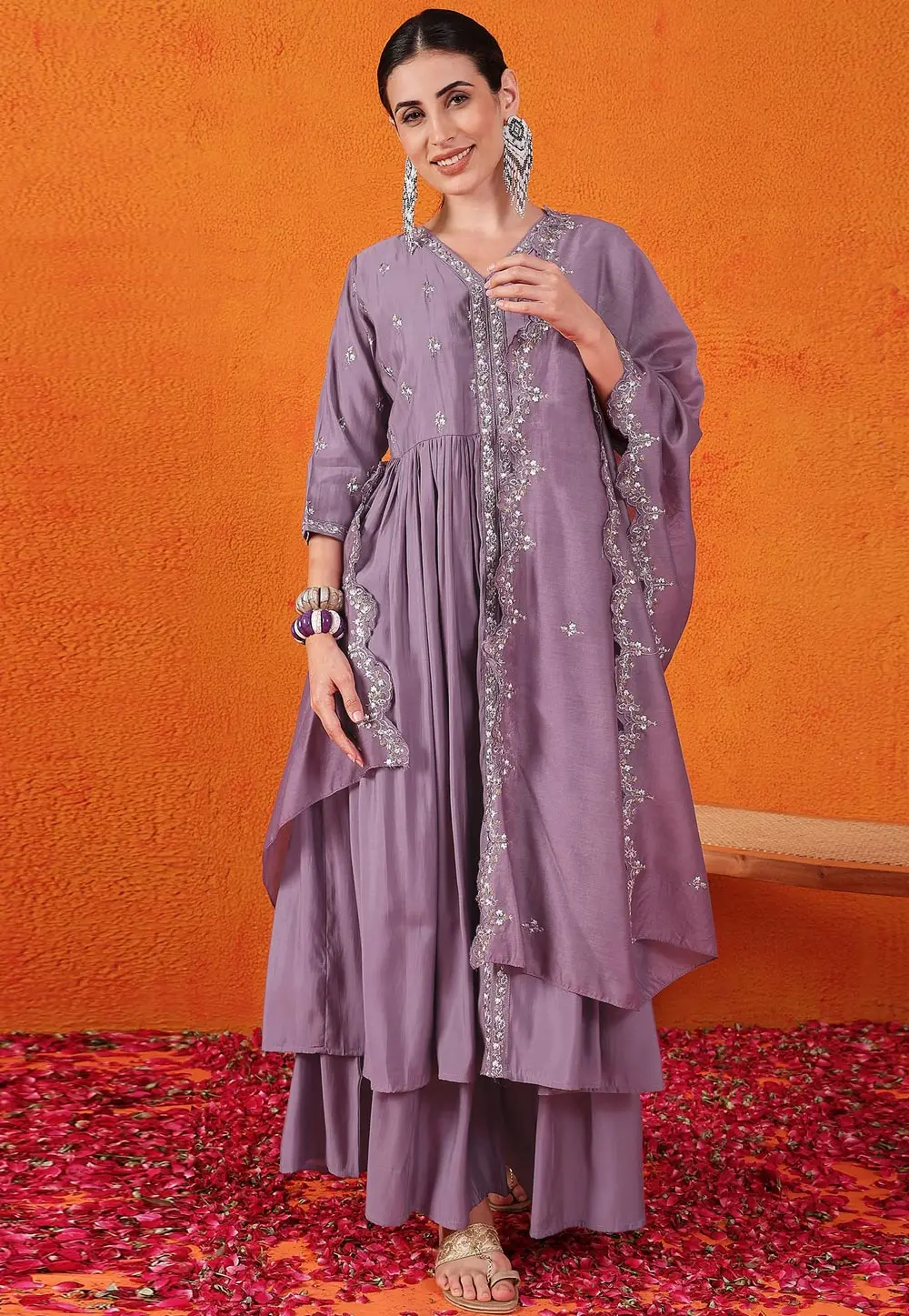 Lavender Silk Readymade Palazzo Suit 298930