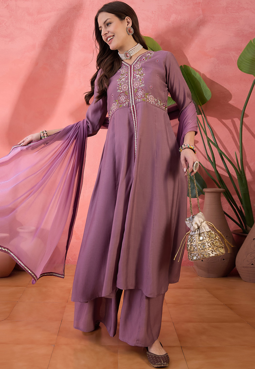 Lavender Silk Readymade Palazzo Suit 309158