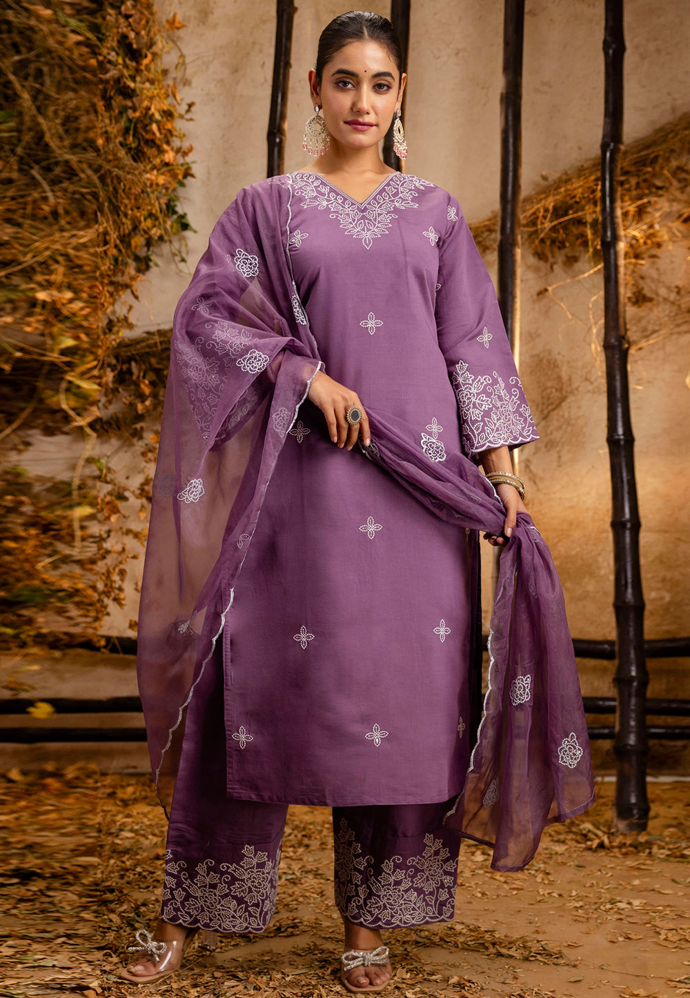 Lavender Silk Readymade Palazzo Suit 309559