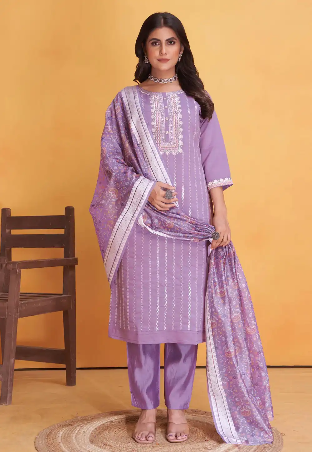 Lavender Silk Readymade Pant Style Suit 293471