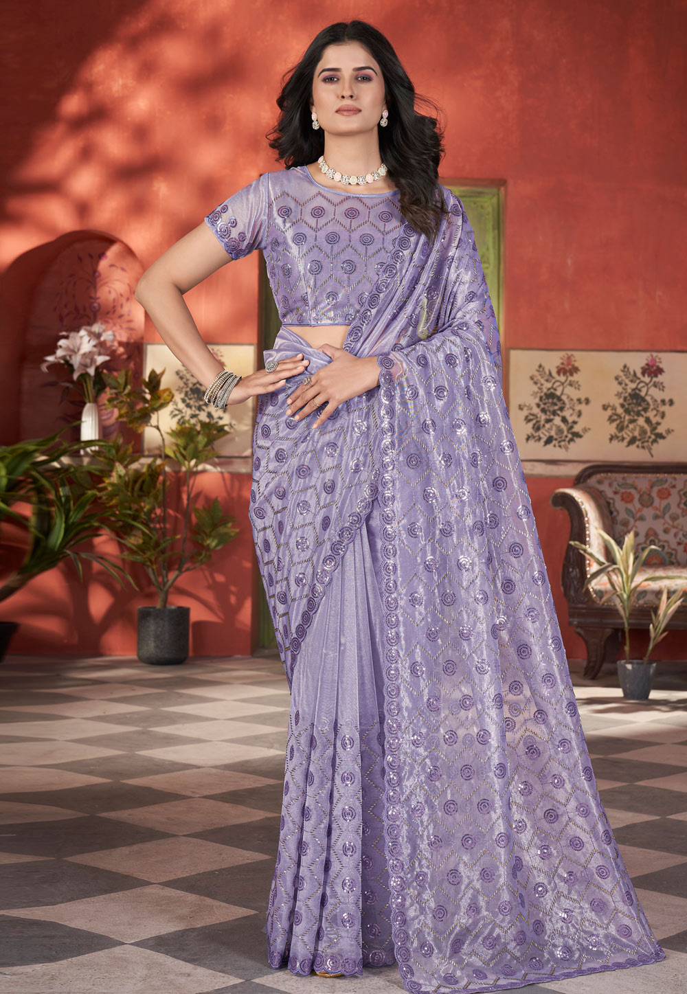 Lavender Tissue Saree With Blouse 309839