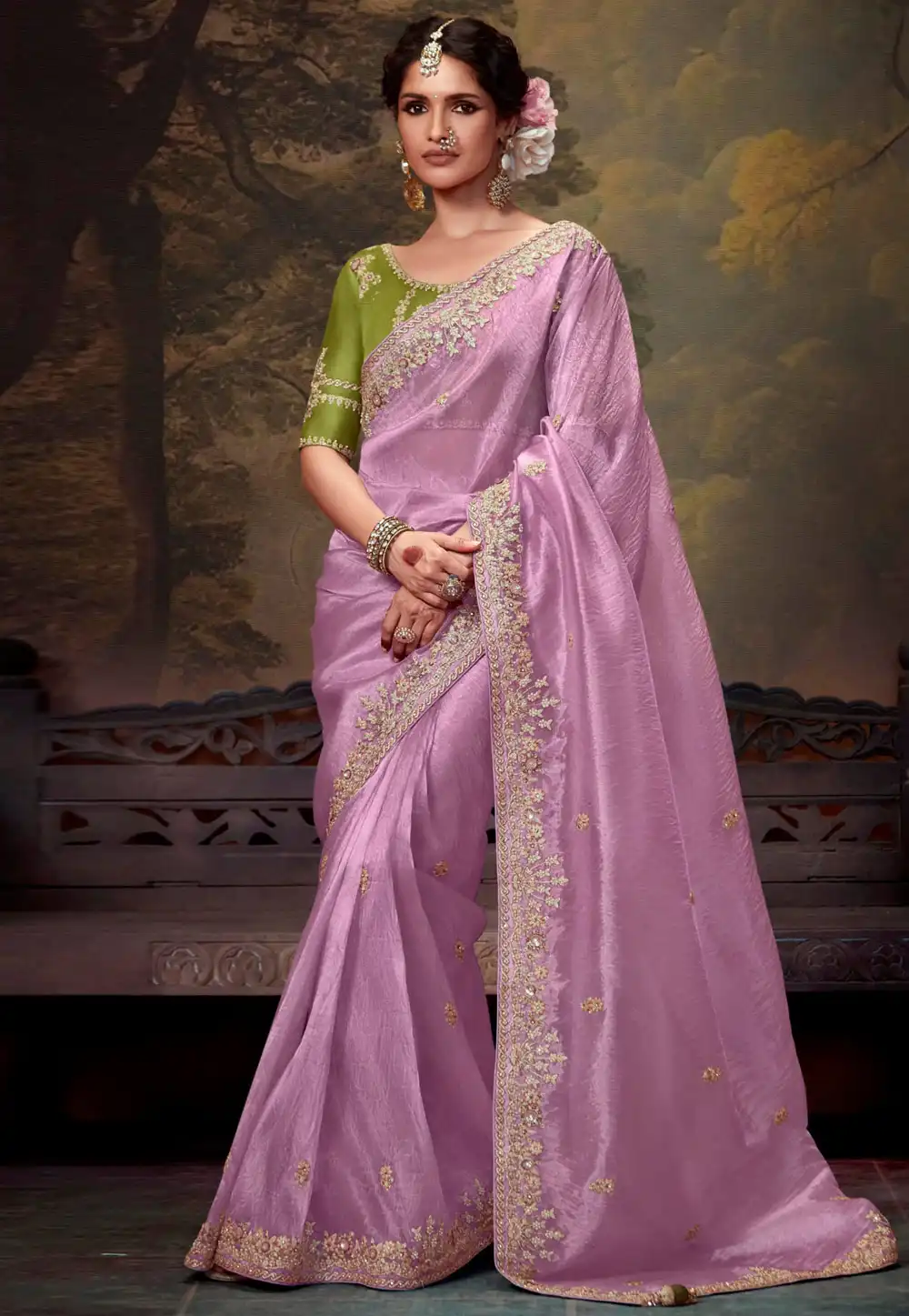 Lavender Tissue Saree With Blouse 293637