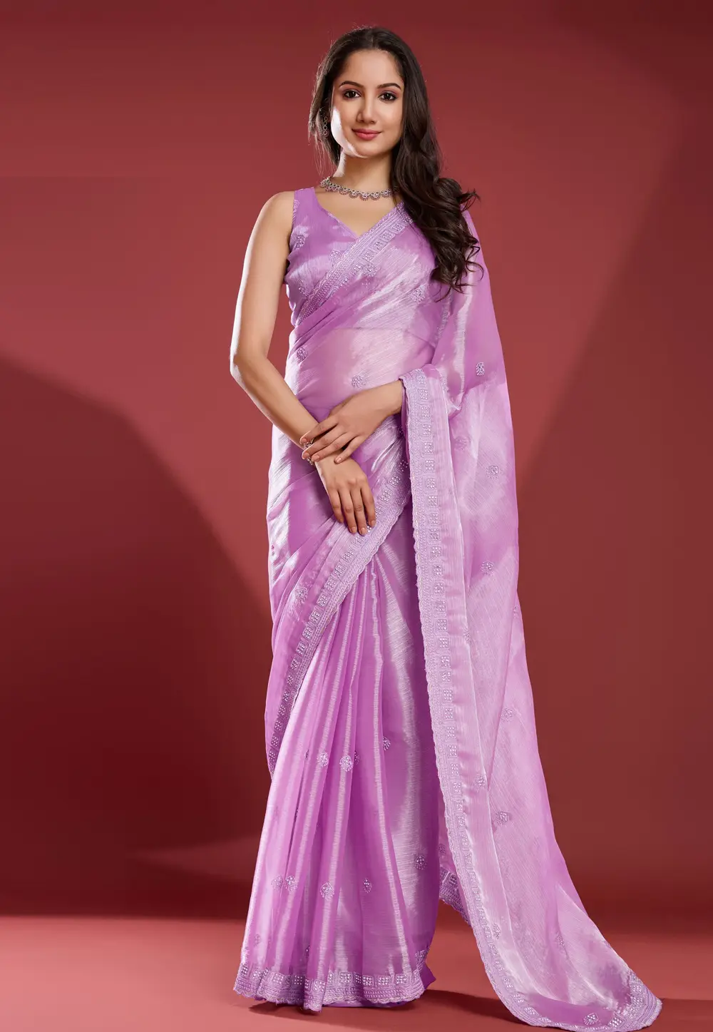 Lavender Tissue Saree With Blouse 297117