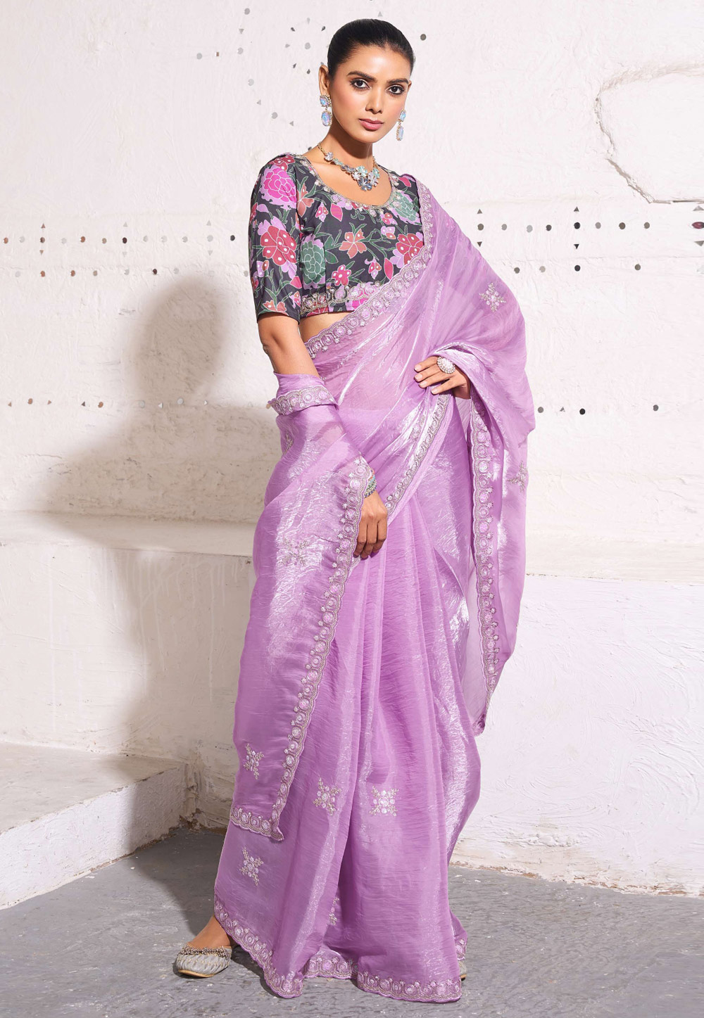 Lavender Tissue Saree With Blouse 310285