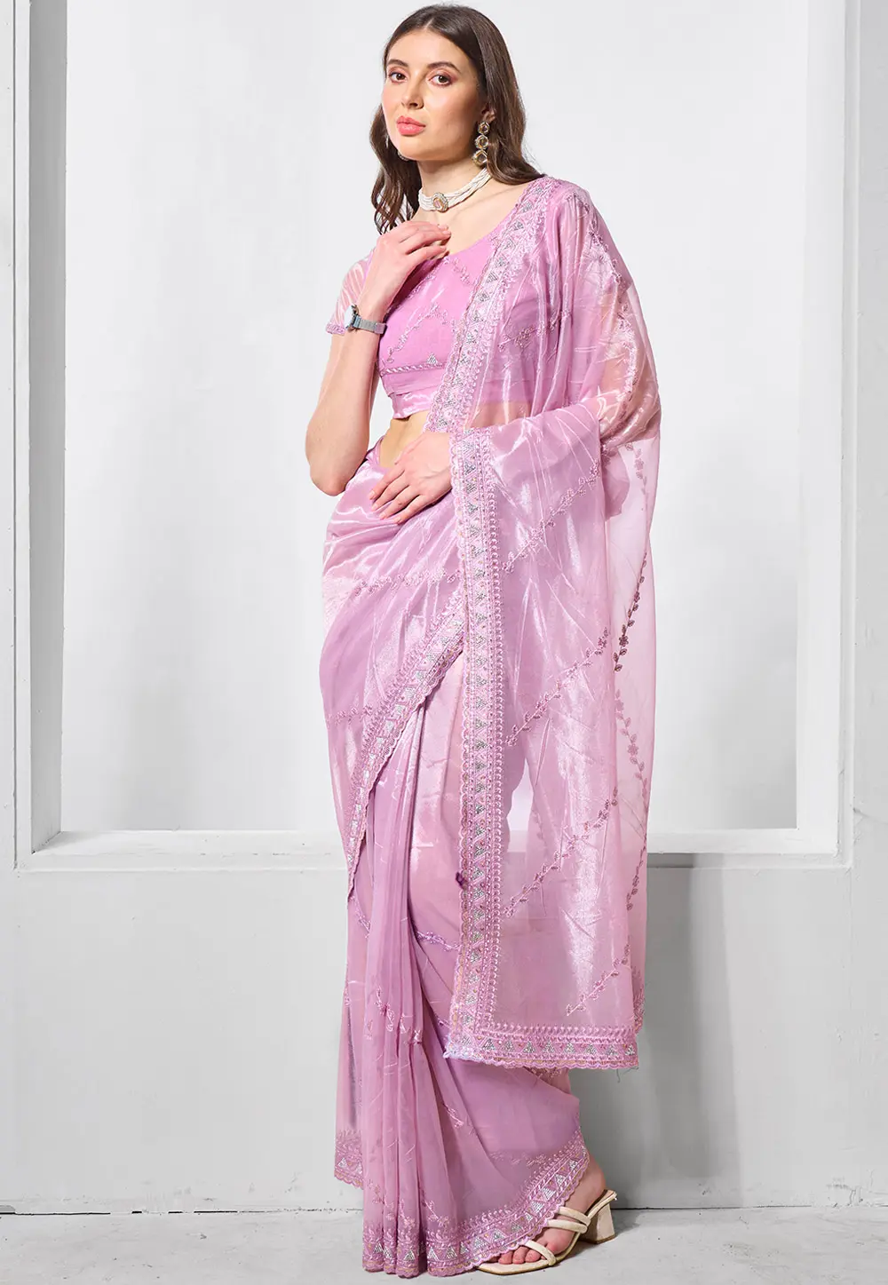 Lavender Tissue Saree With Blouse 299056