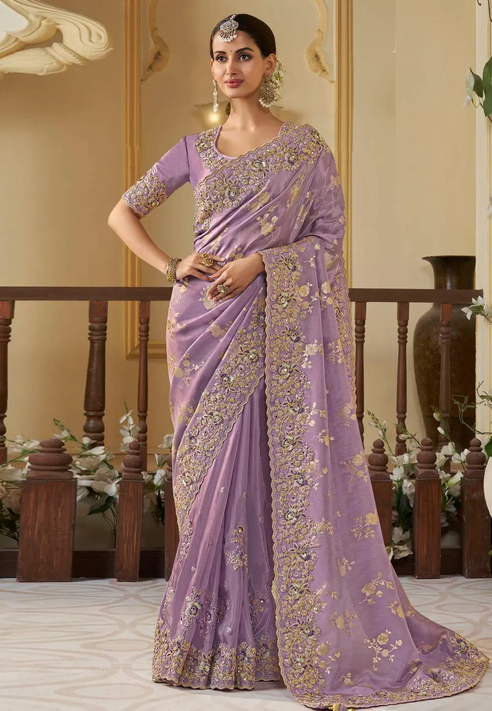 Lavender Tissue Silk Saree With Blouse 301101