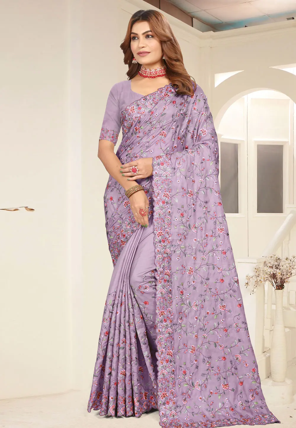 Lavender Tussar Silk Saree With Blouse 298619