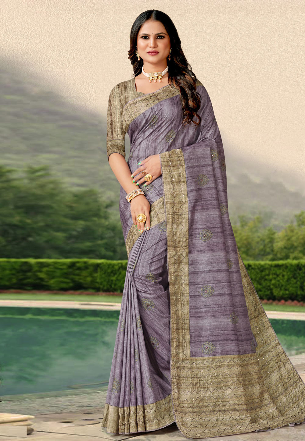 Lavender Tussar Silk Saree With Blouse 279001