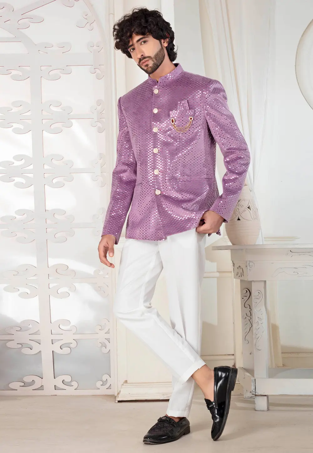 Lavender Velvet Jodhpuri Suit 302154