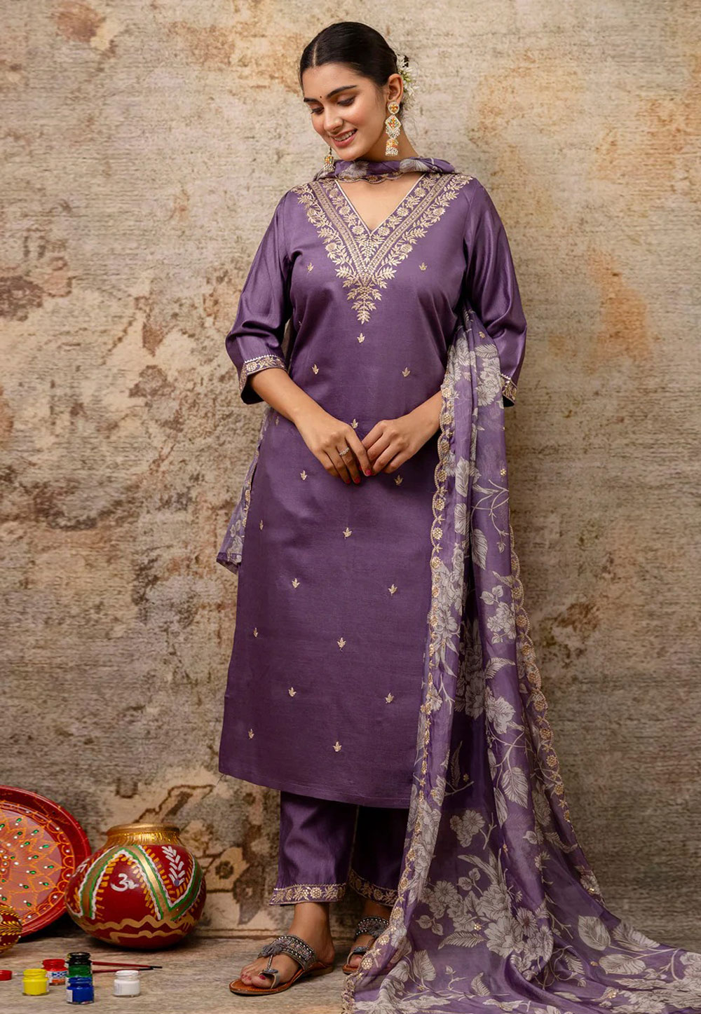 Lavender Viscose Rayon Readymade Pant Style Suit 309206