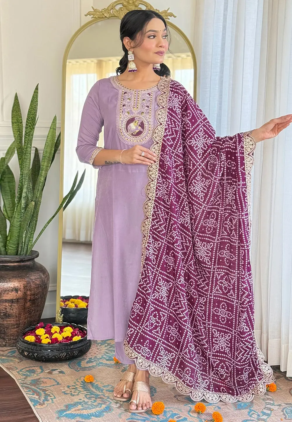 Lavender Viscose Readymade Pakistani Suit 303489