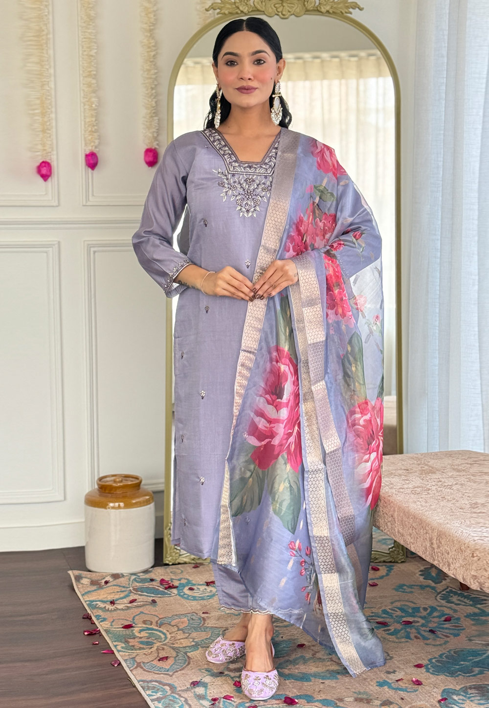 Lavender Viscose Readymade Pant Style Suit 310886