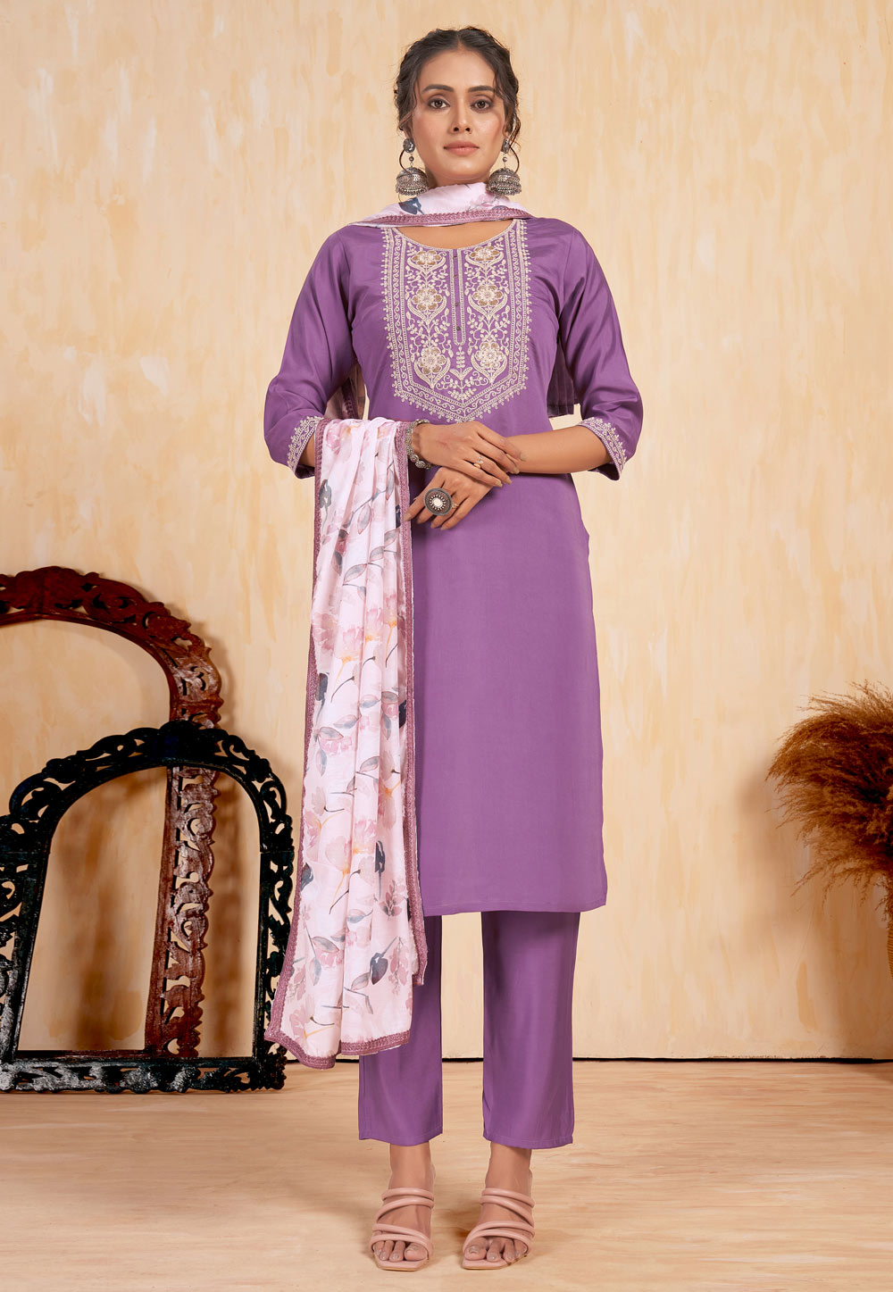 Lavender Viscose Readymade Pant Style Suit 284609