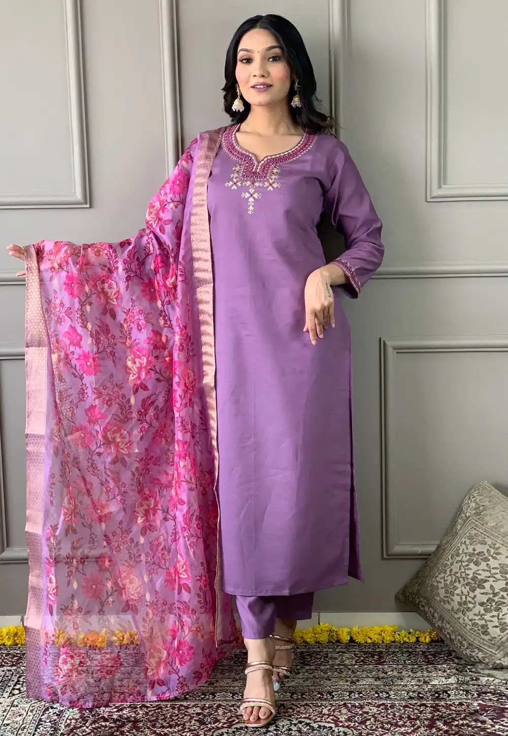 Lavender Viscose Readymade Pant Style Suit 291653