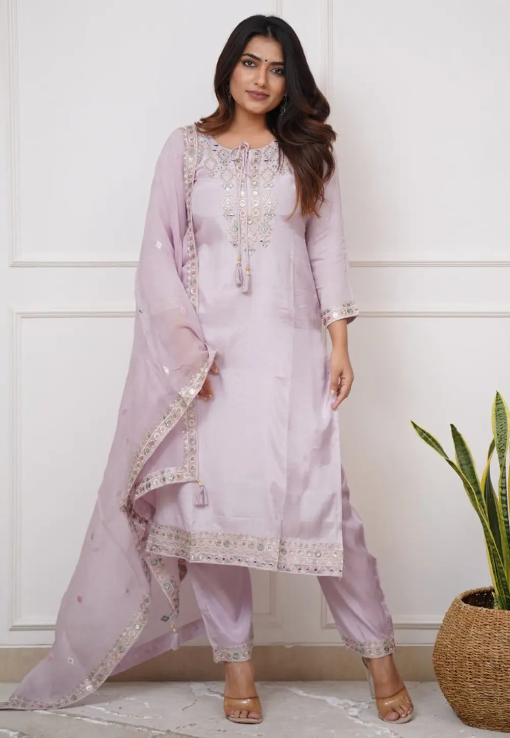 Lavender Viscose Readymade Pant Style Suit 299680