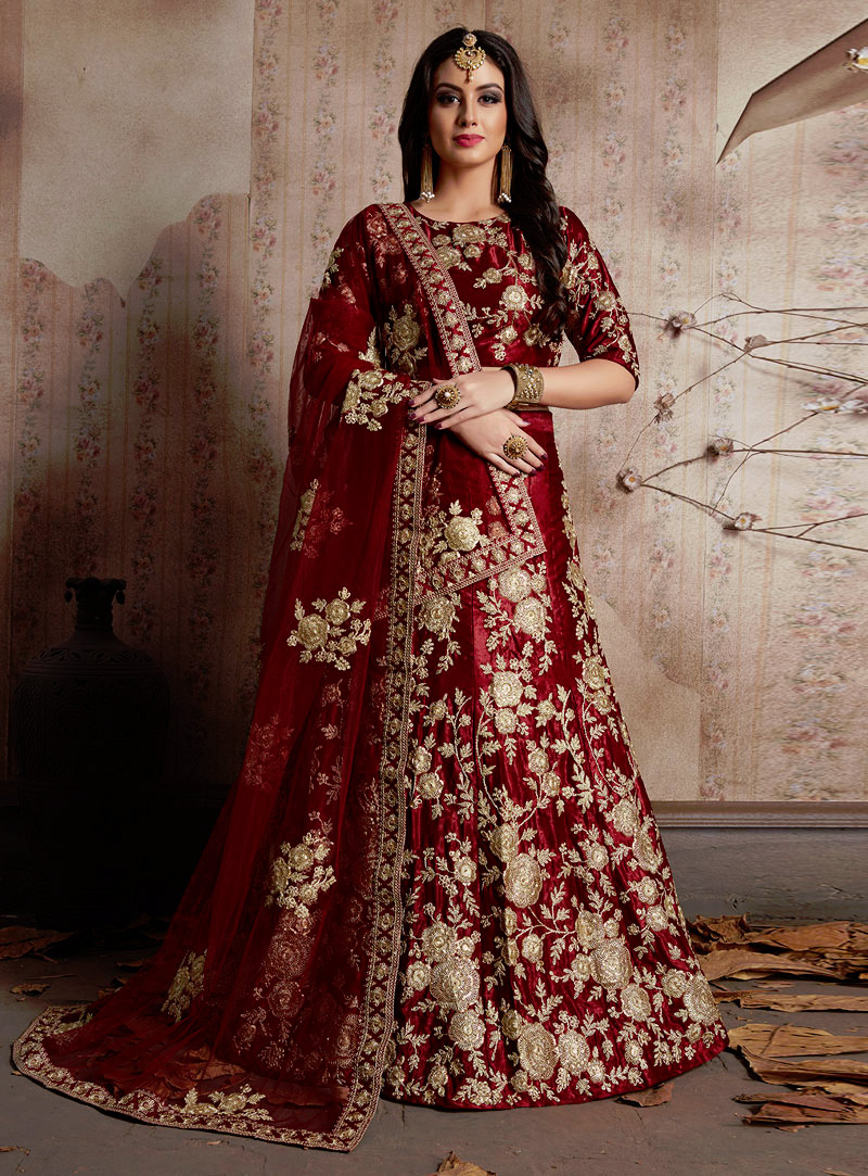 Maroon Velvet Silk Bridal Lehenga Choli 135036