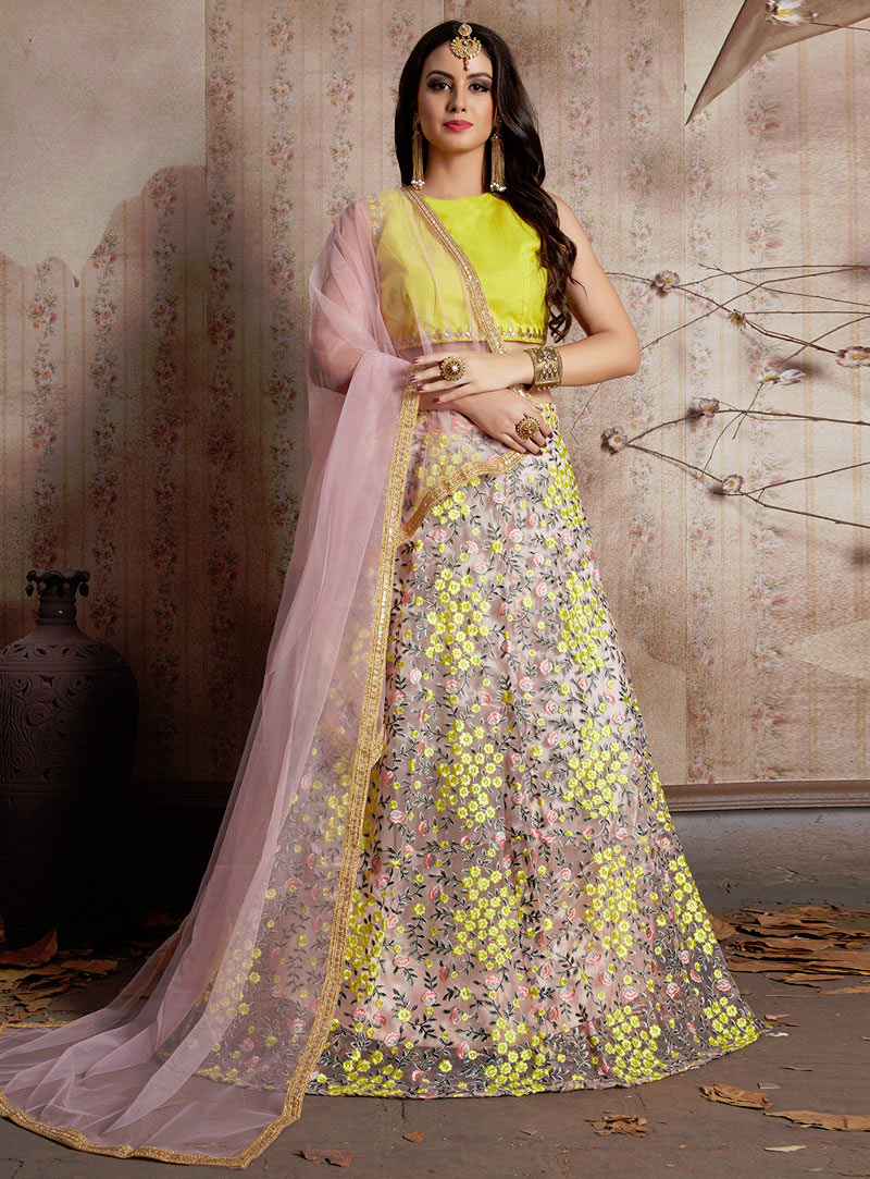 Buy Online Powder Pink and Yellow Embroidered Lehenga with Dupatta – Pure  Elegance