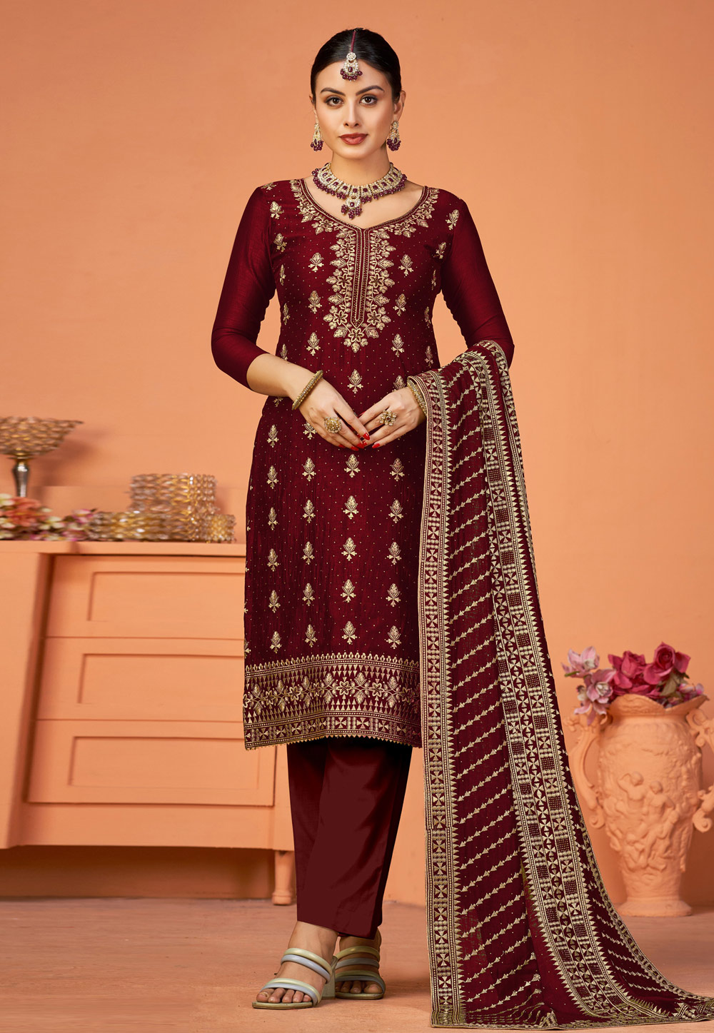 Maroon Silk Pant Style Suit 273180