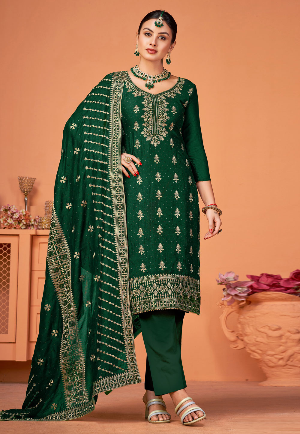 Green Silk Pakistani Suit 273181