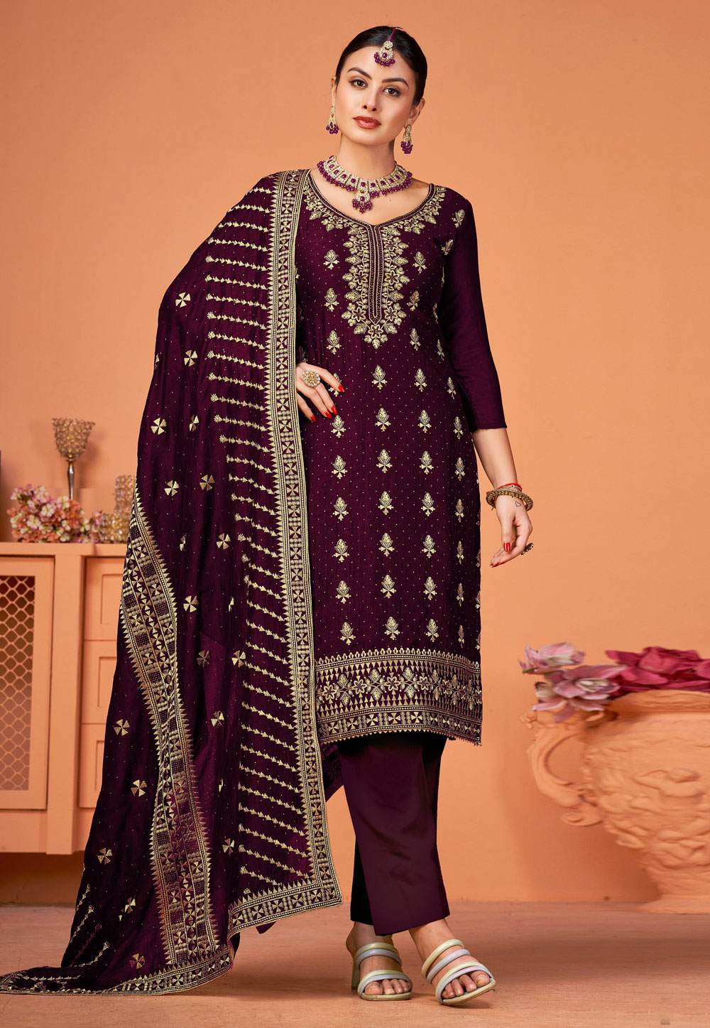 Wine Silk Pant Style Suit 273182