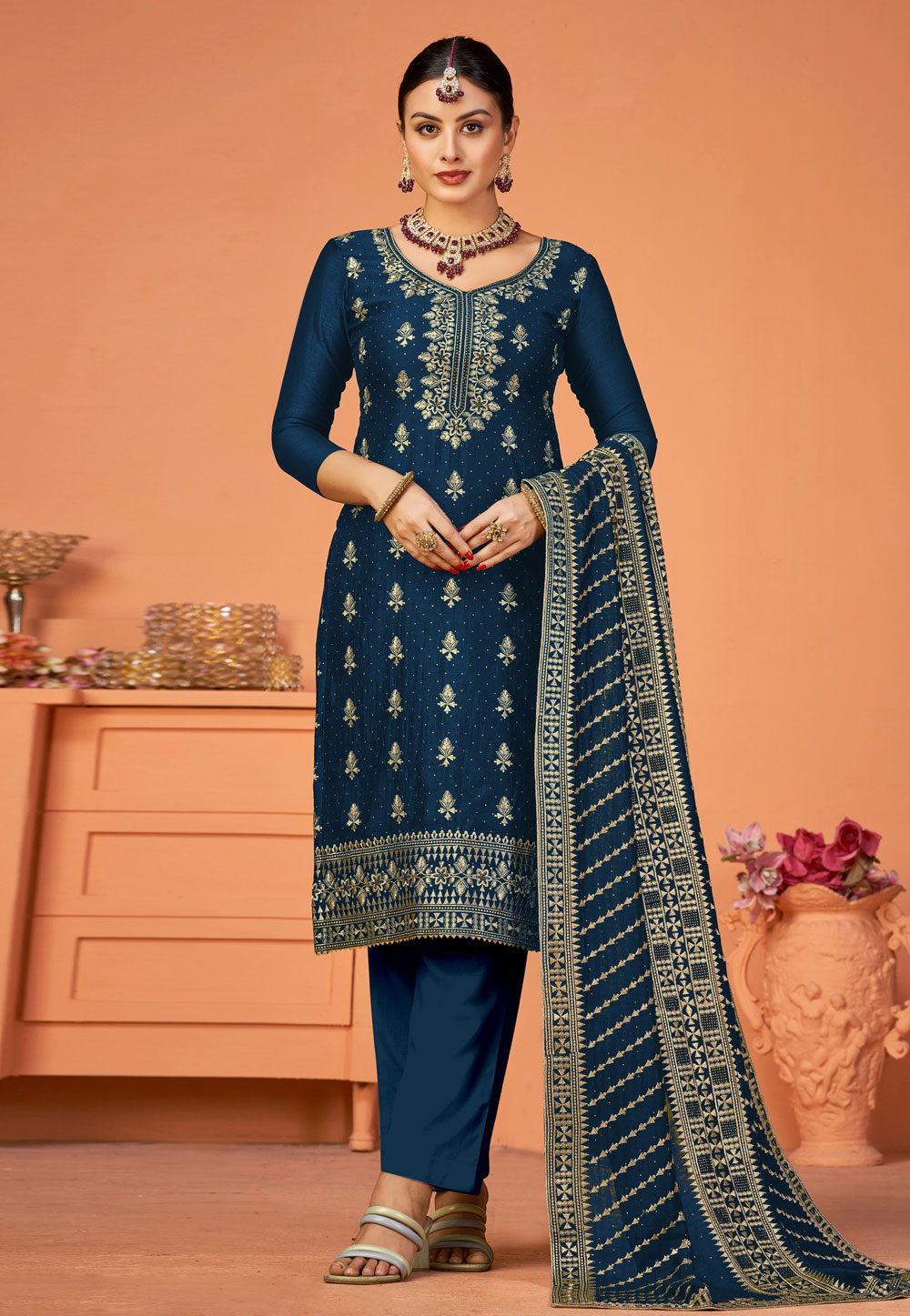 Navy Blue Silk Pakistani Suit 273183