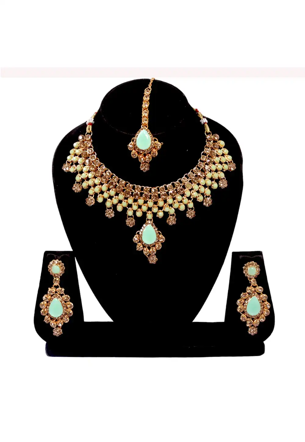 Light Green Alloy Austrian Diamonds and Kundan Necklace Set With Earrings and Maang Tikka 292932