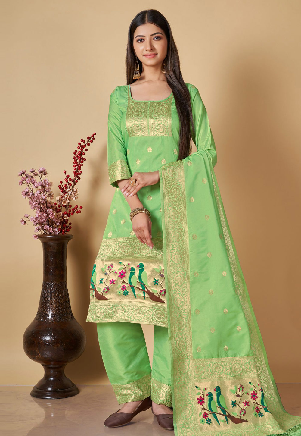 Light Green Banarasi Silk Pakistani Suit 285419