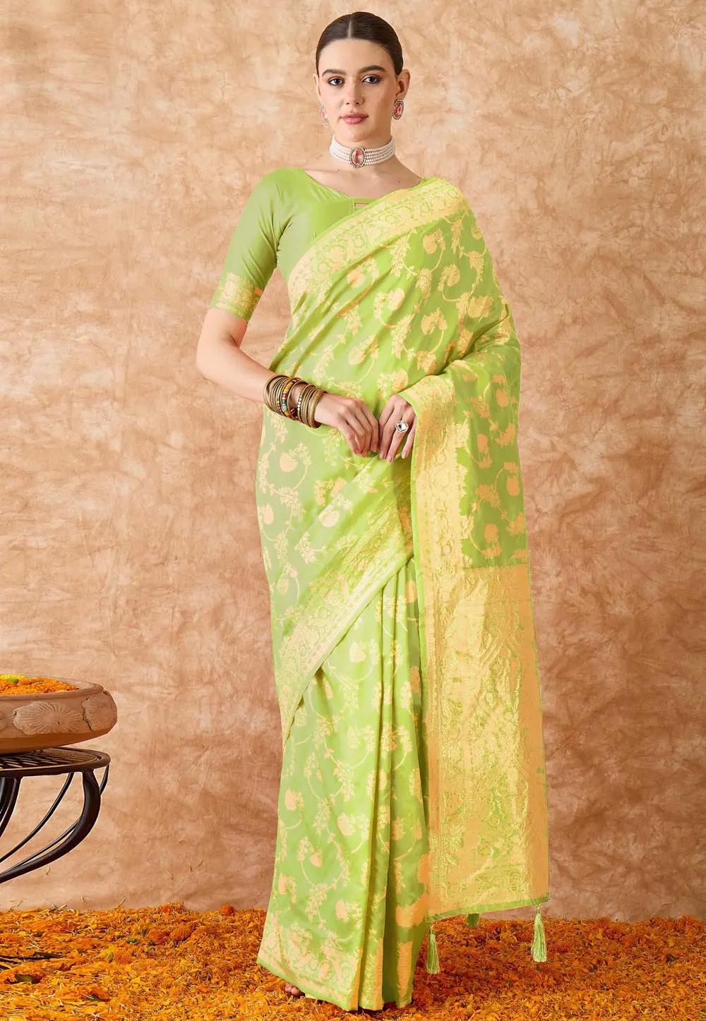 Light Green Banarasi Silk Saree With Blouse 301519