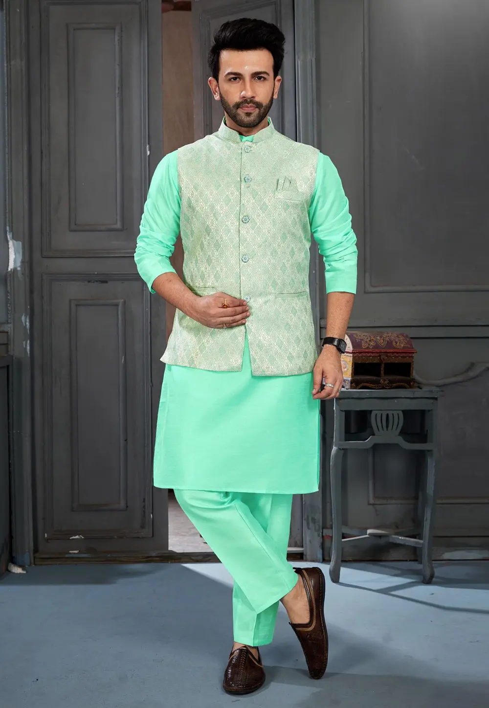 Light Green Banglori Silk Kurta Pajama With Jacket 300402