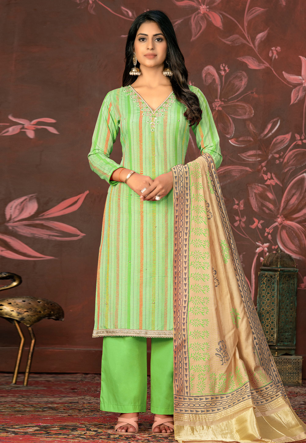 Light Green Cambric Cotton Palazzo Suit 281239