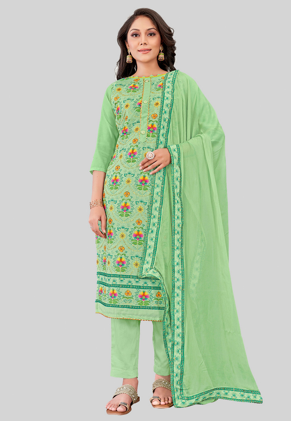 Light Green Chanderi Silk Pant Style Suit 284449