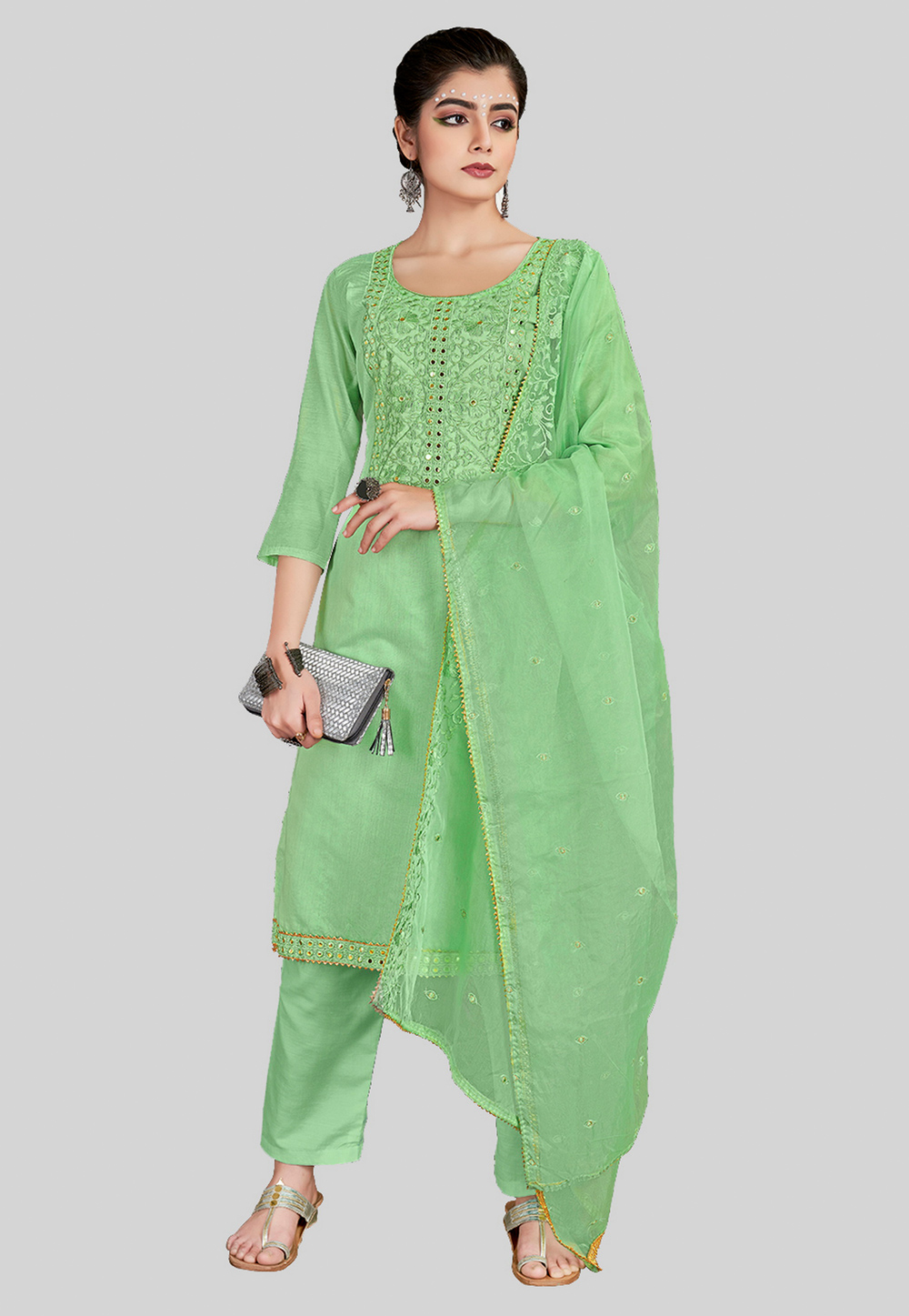 Light Green Chanderi Silk Pant Style Suit 284594