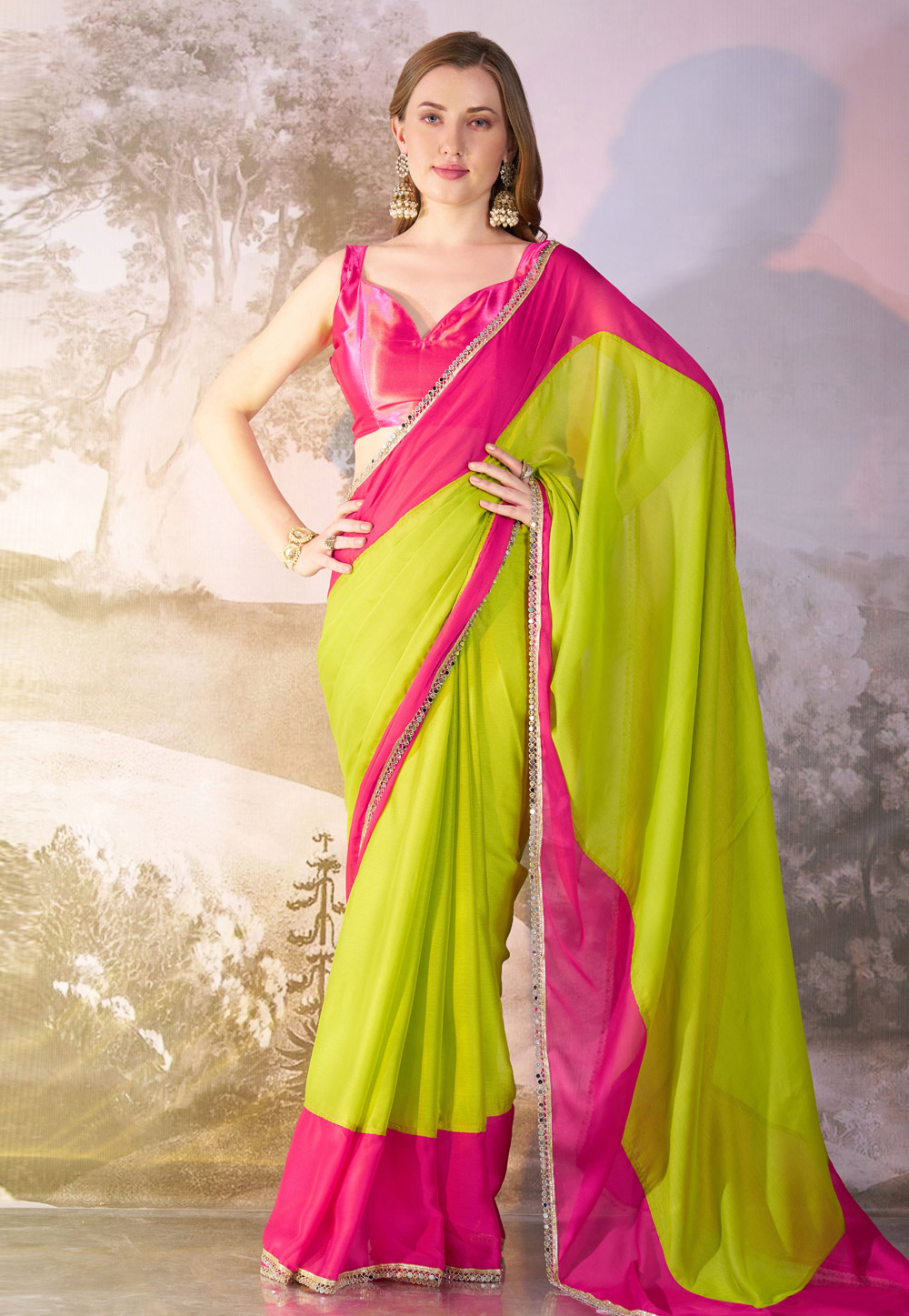 Light Green Chiffon Saree With Blouse 304958