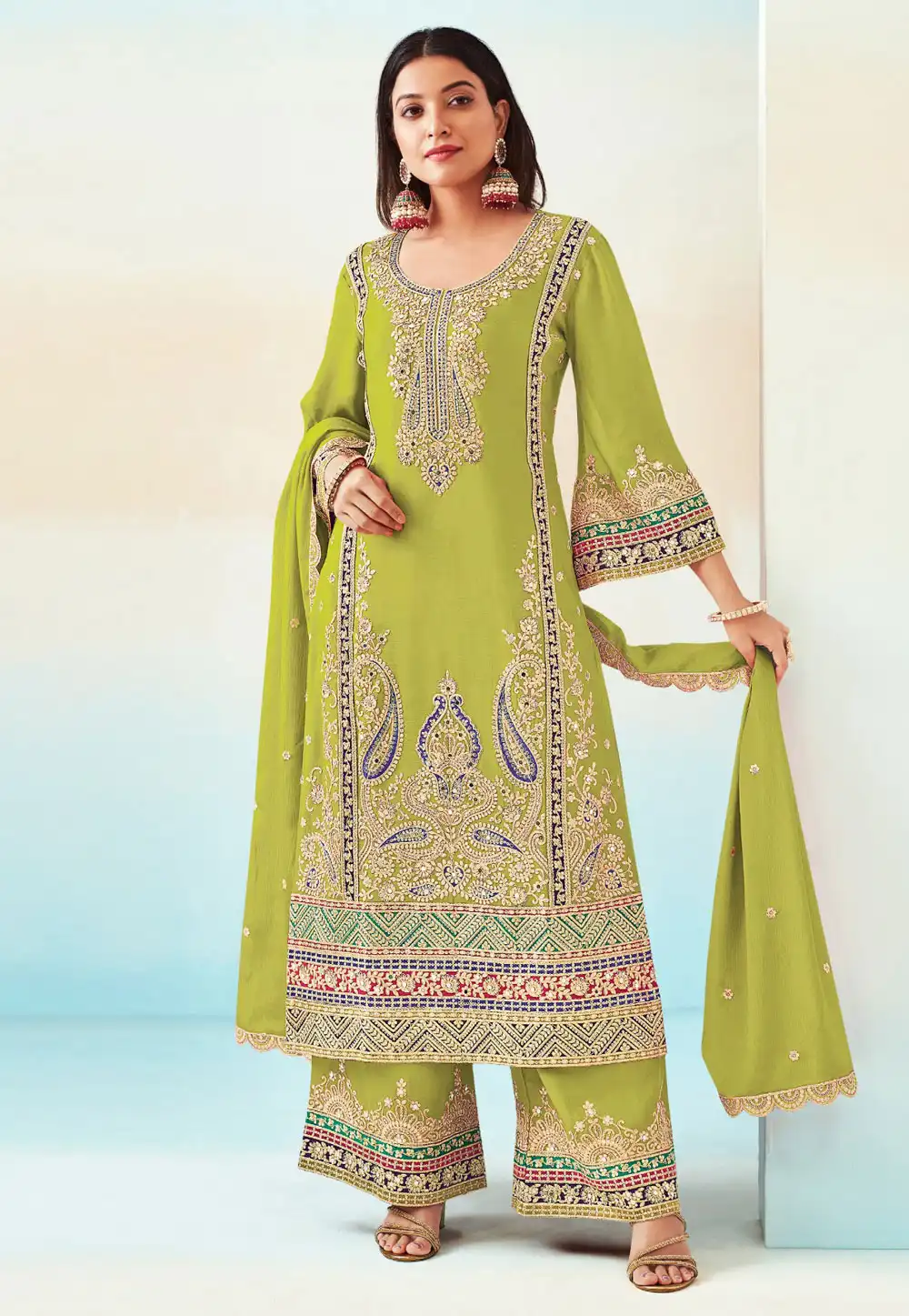 Light Green Chinon Embroidered Palazzo Suit 290800