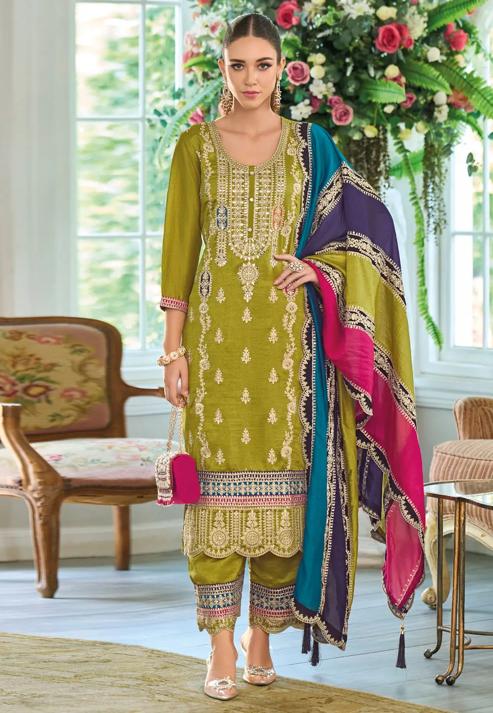 Light Green Chinon Readymade Palazzo Suit 295192