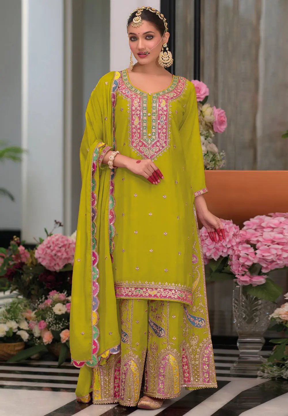 Light Green Chinon Readymade Palazzo Suit 299531