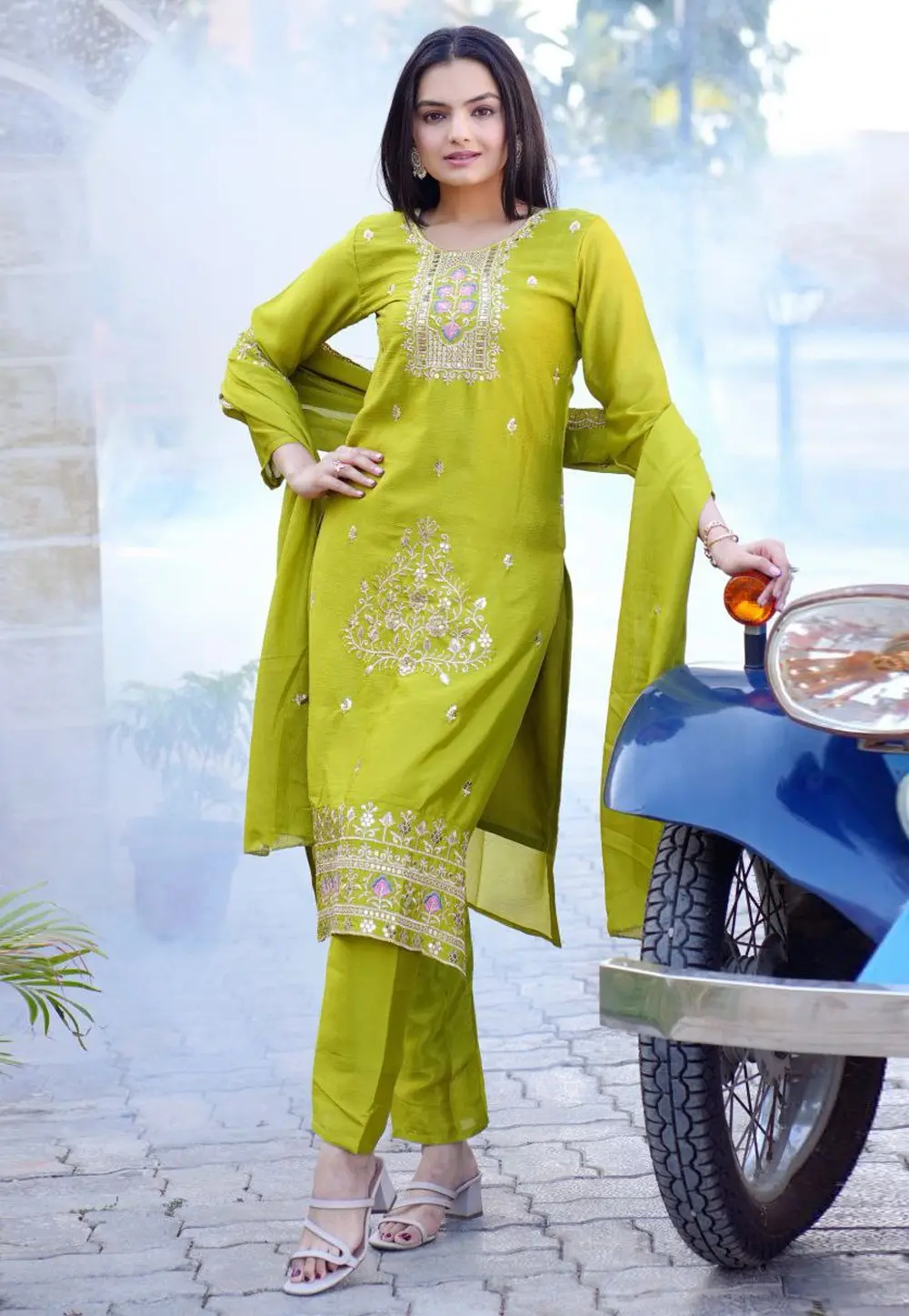 Light Green Chinon Readymade Pant Style Suit 301672