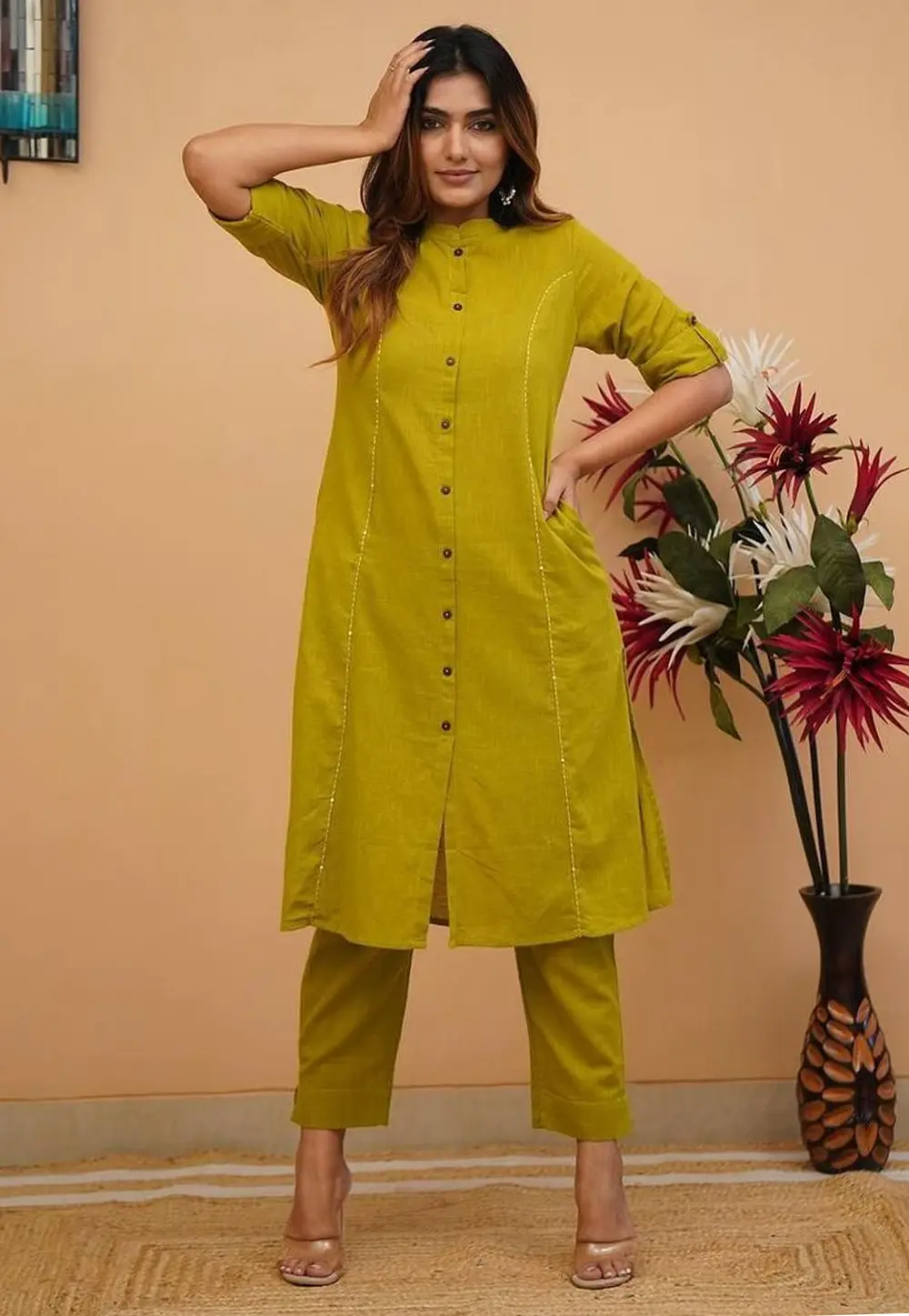 Light Green Cotton Kurta Set With Pent 299549