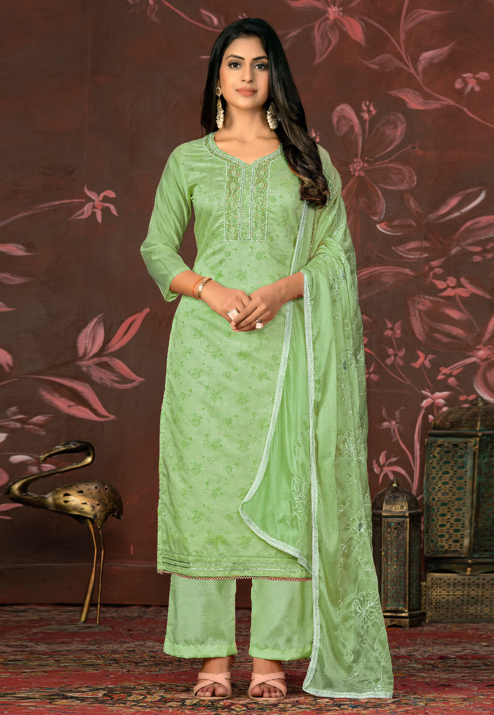 Light Green Cotton Palazzo Suit 281086