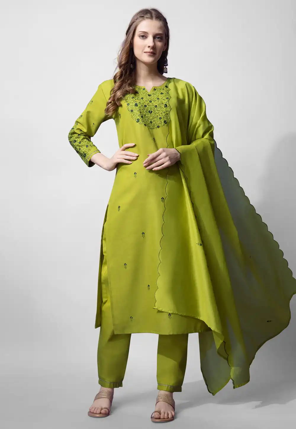 Light Green Cotton Readymade Pant Style Suit 290725