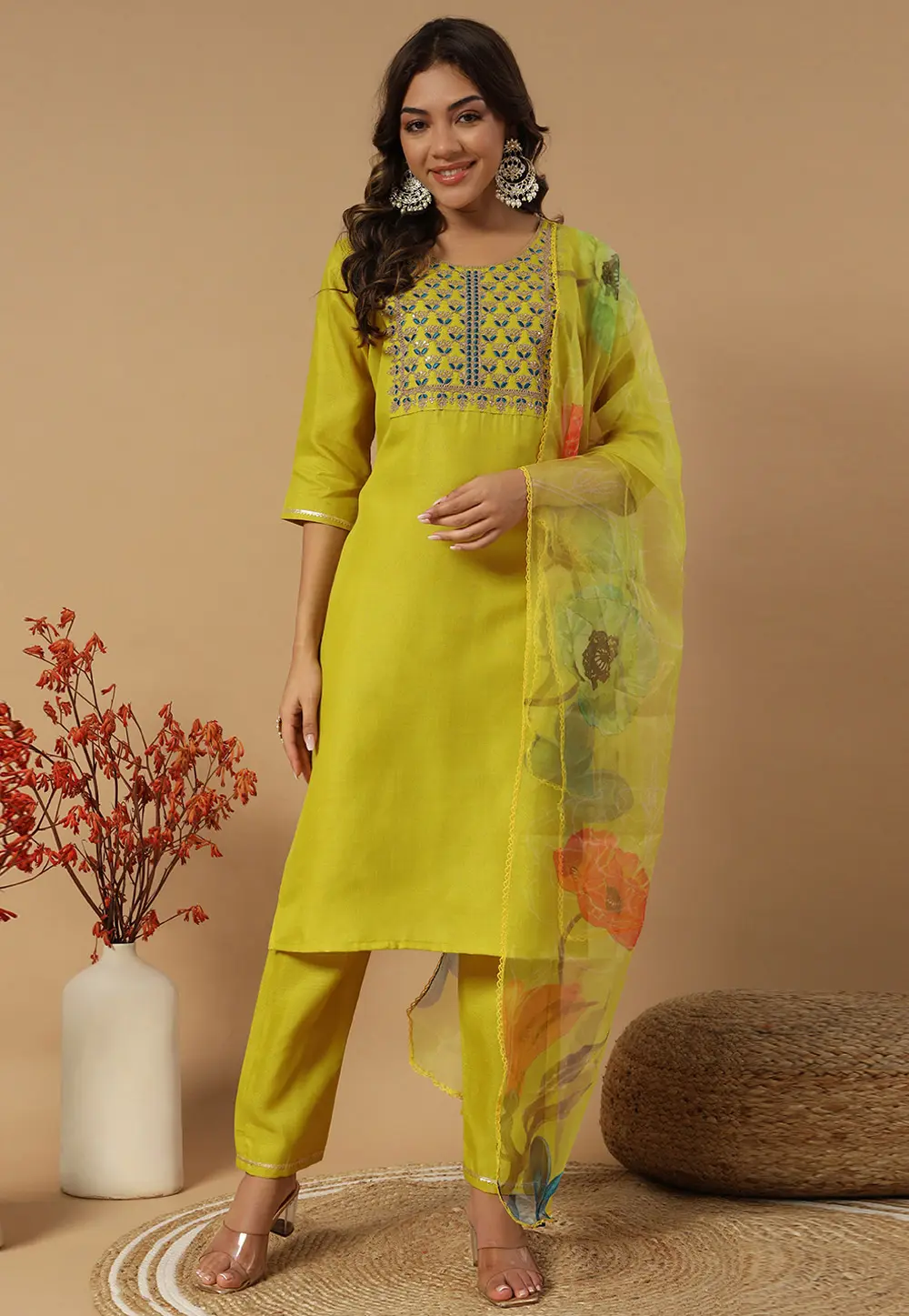 Light Green Cotton Readymade Pant Style Suit 301179