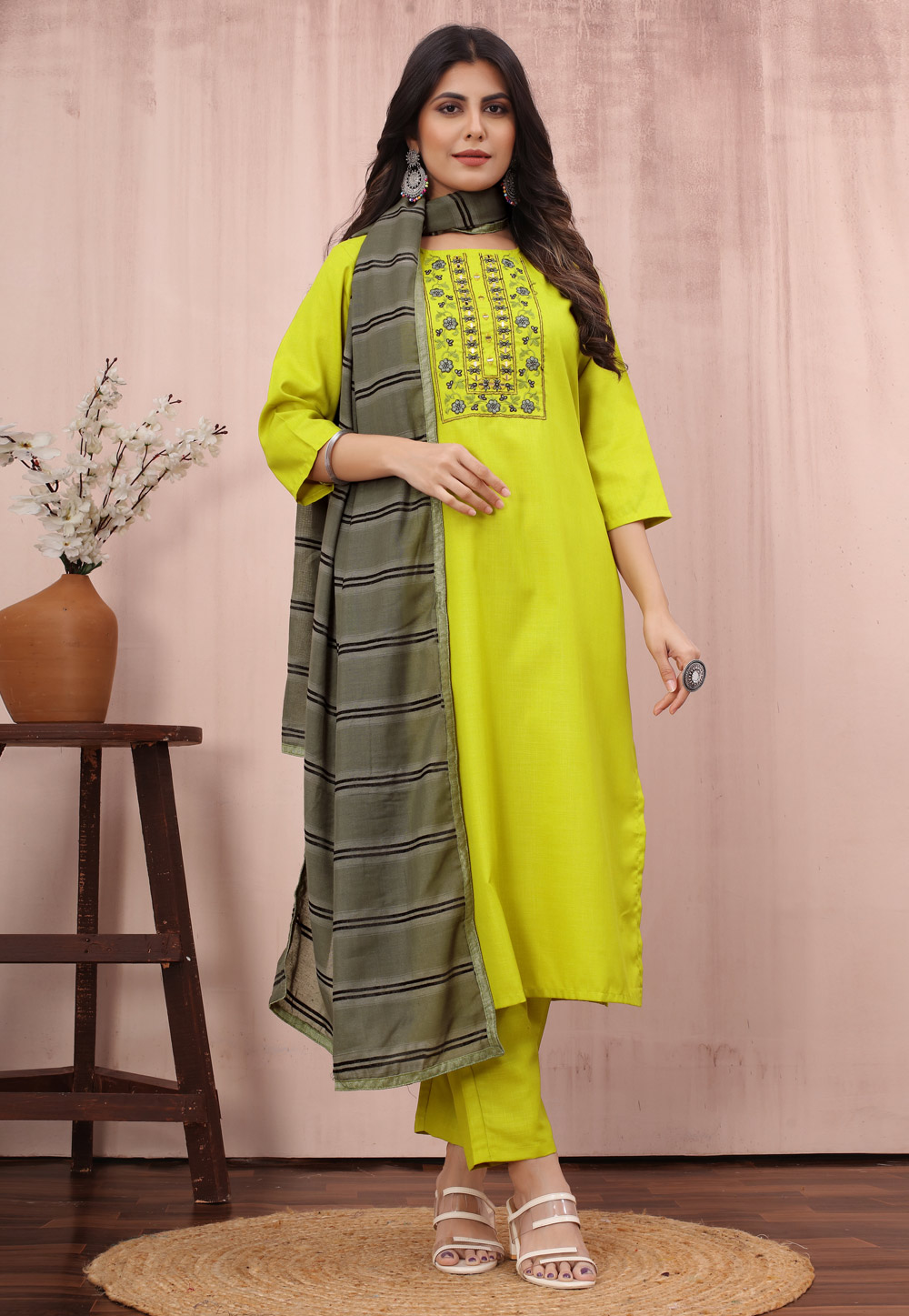 Light Green Cotton Readymade Pant Style Suit 283185