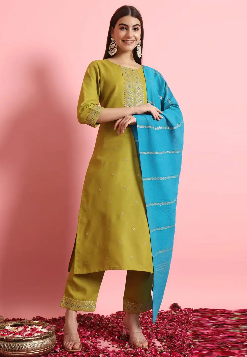 Light Green Cotton Silk Readymade Pant Style Suit 289454