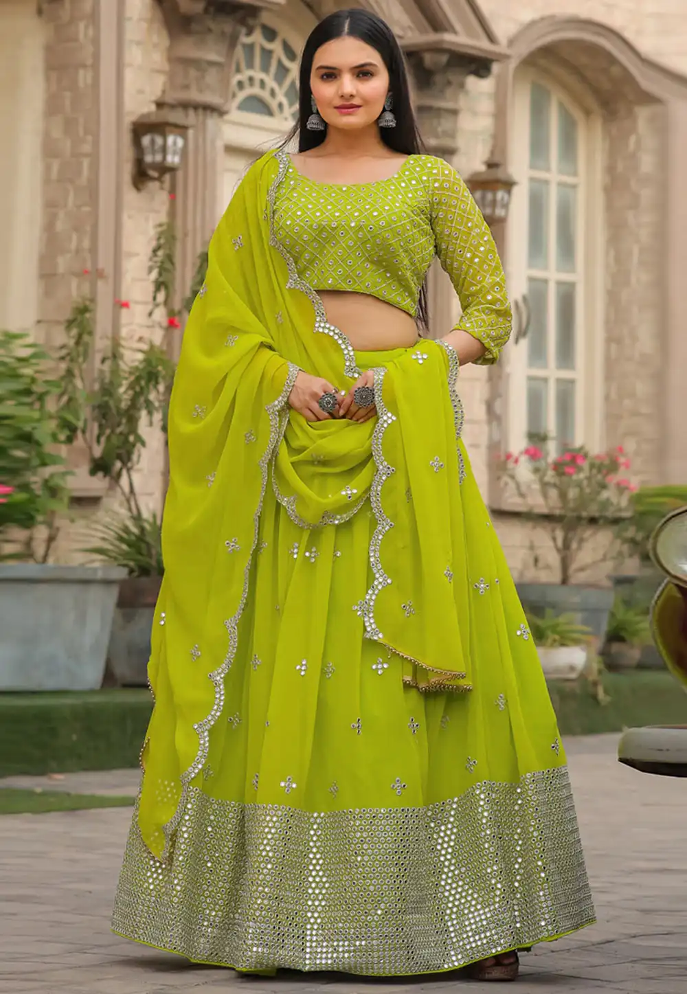 Light Green Faux Georgette A Line Lehenga Choli 293359