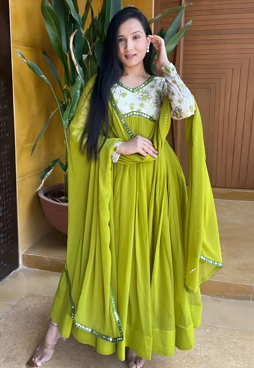 Light Green Faux Georgette Readymade Anarkali Suit 295486