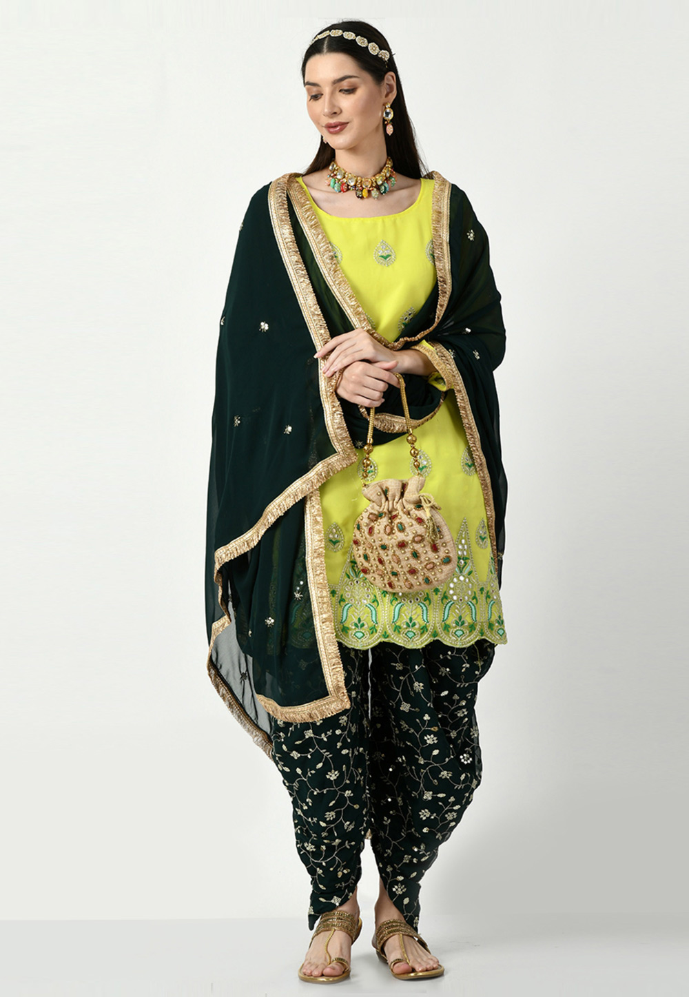Bandhani Printed Crepe Punjabi Suit in Black : KJN766