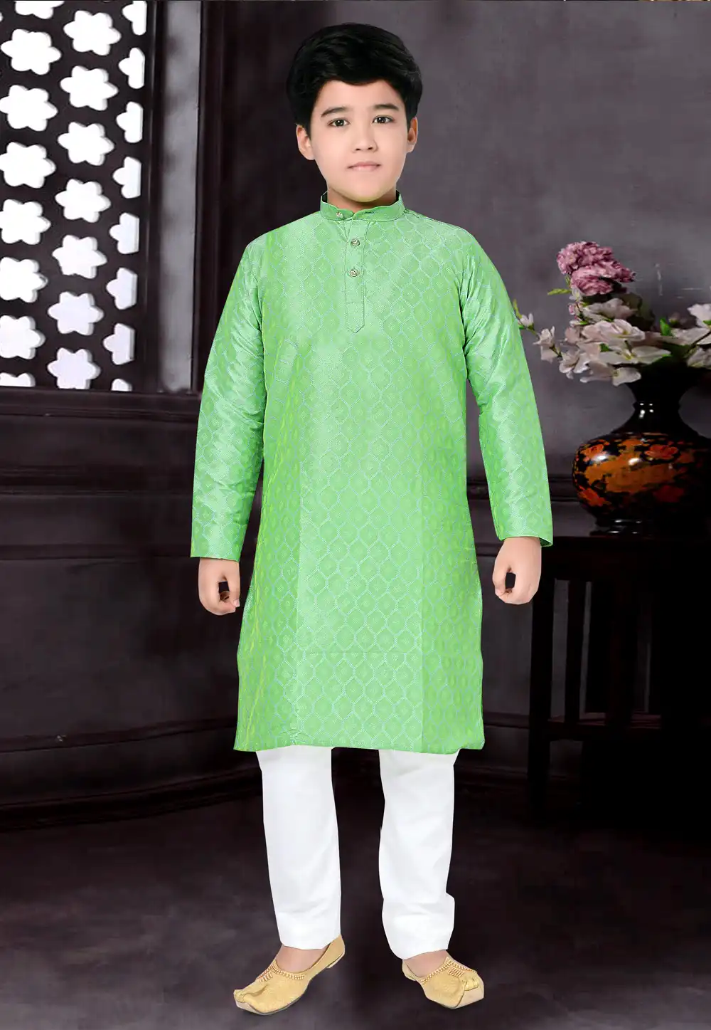 Light Green Jacquard Kids Kurta Pajama 293211