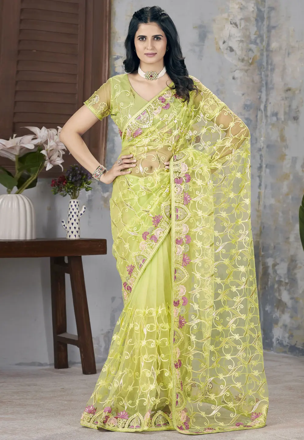 Light Green Net Saree With Blouse 302525